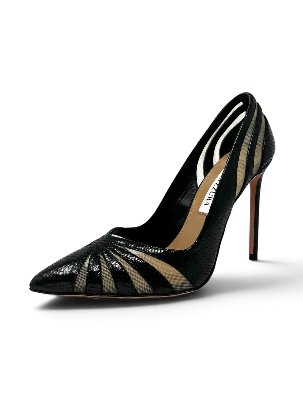 NEW Aquazzura The Spy Pump Black Pointed Toe Snakeskin High Heels Pumps 37.5 7.5